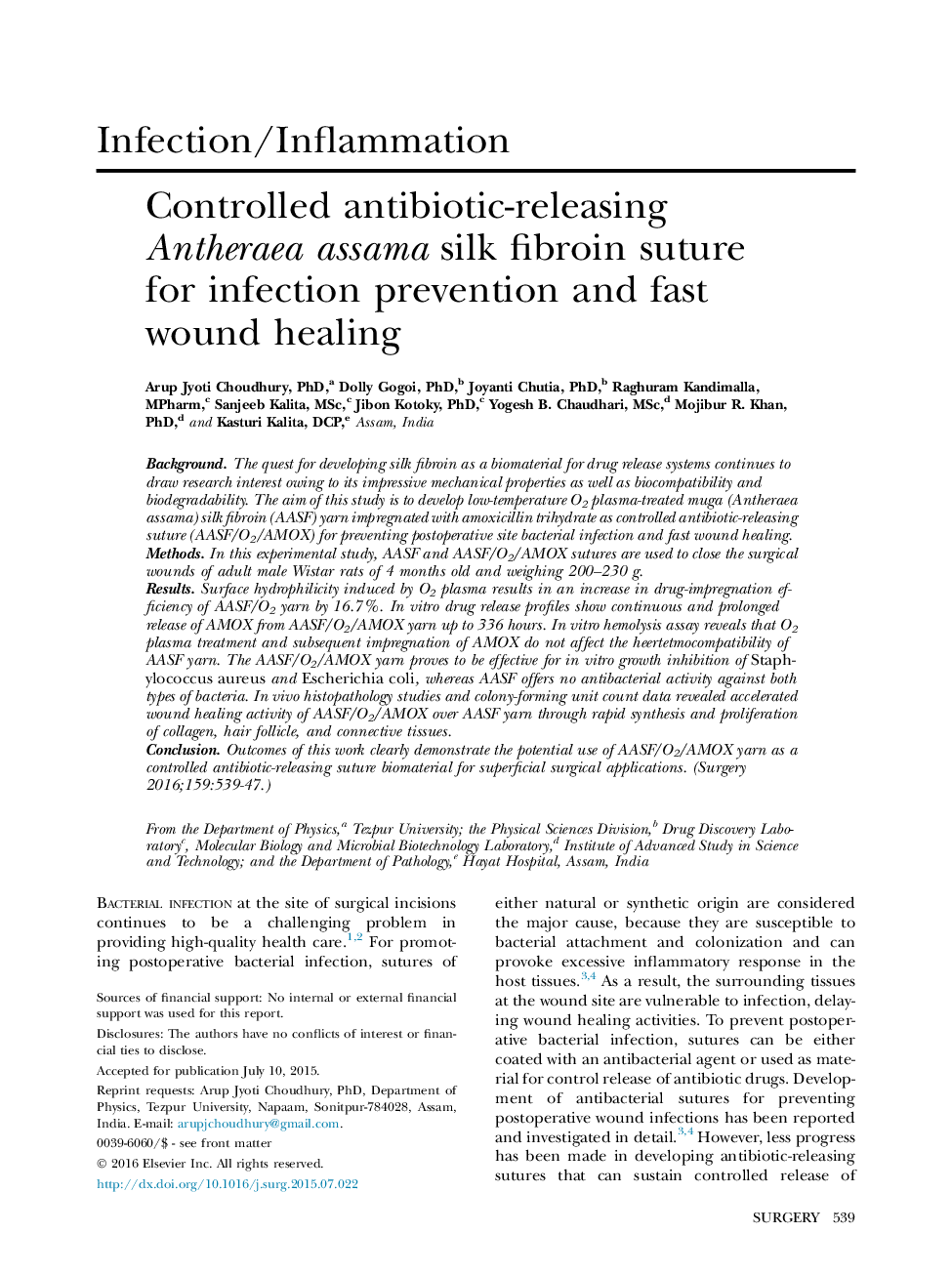 Controlled antibiotic-releasing Antheraea assama silk fibroin suture for infection prevention and fast wound healing 