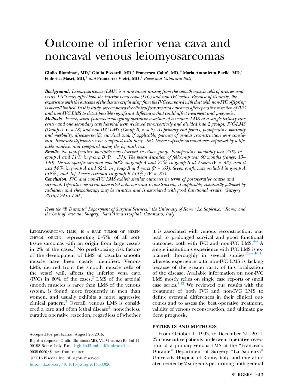 Outcome of inferior vena cava and noncaval venous leiomyosarcomas