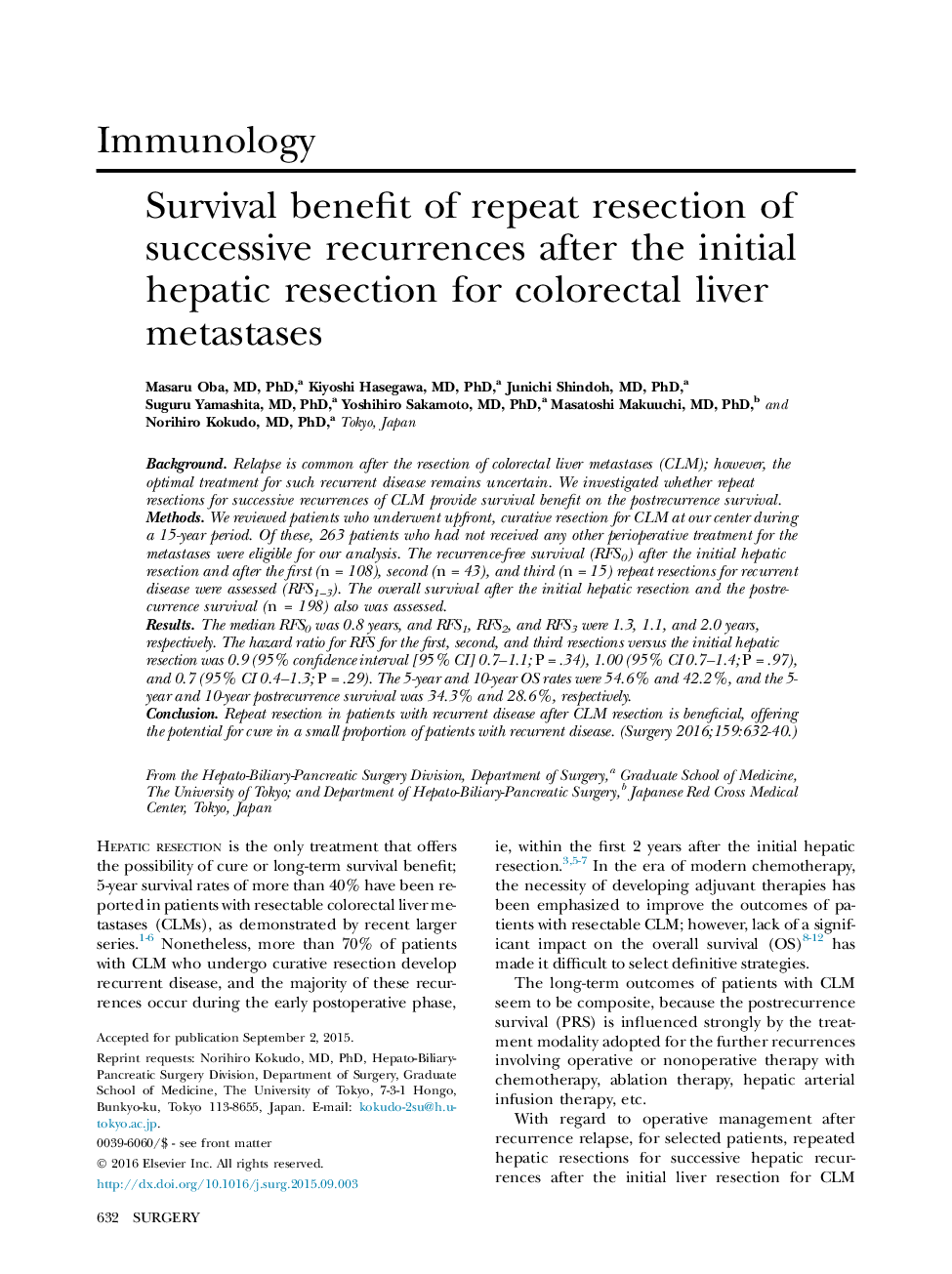 Survival benefit of repeat resection of successive recurrences after the initial hepatic resection for colorectal liver metastases