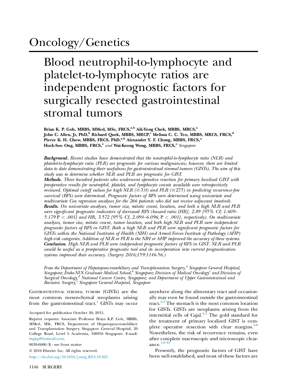 نسبت نوتروفیل به لنفوسیت خون و پلاکت به لنفوسیت به عنوان عوامل مستقل پیش آگهی برای تومورهای استرومائی مجاری جراحی 