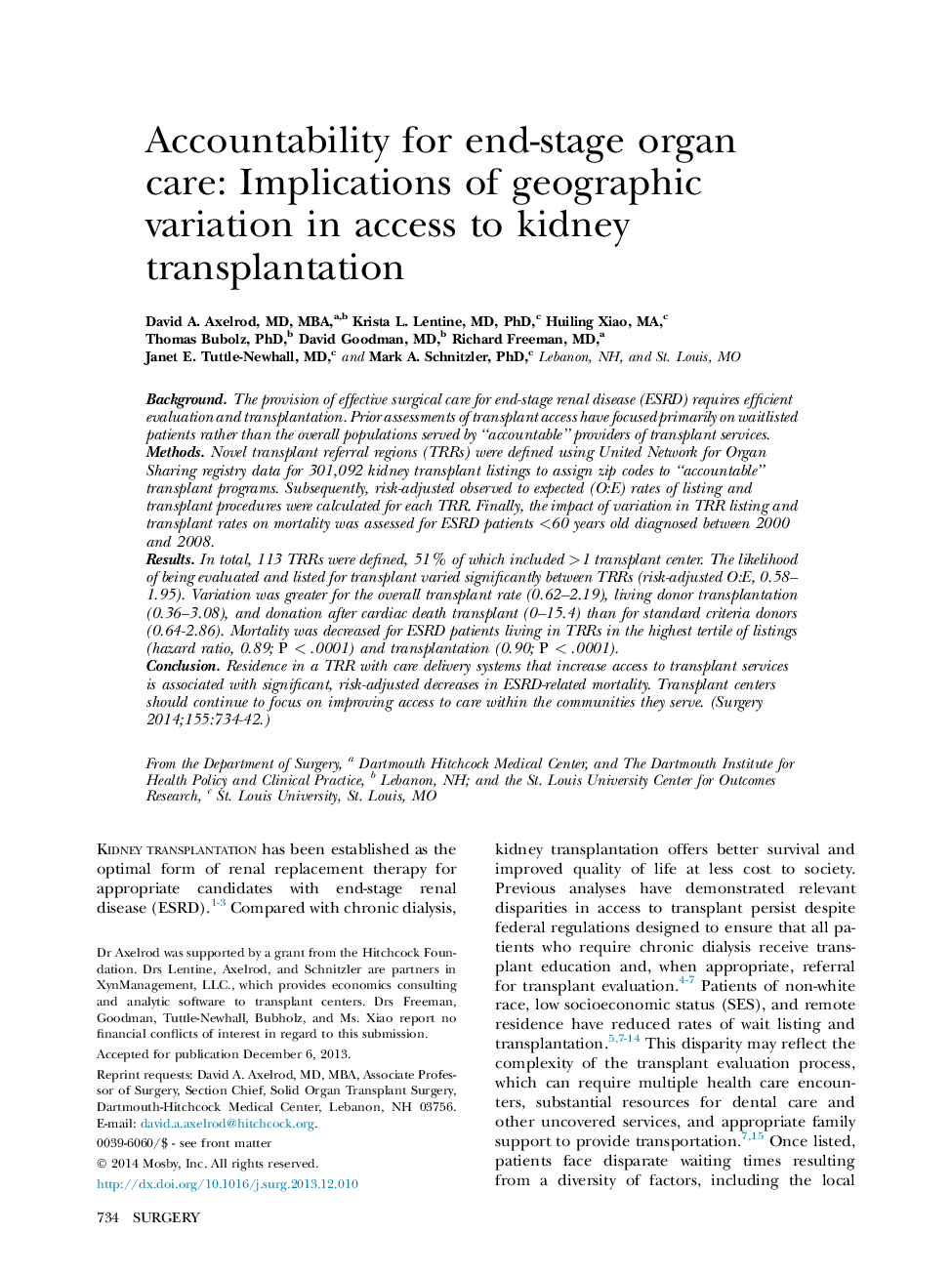 Accountability for end-stage organ care: Implications of geographic variation in access to kidney transplantation