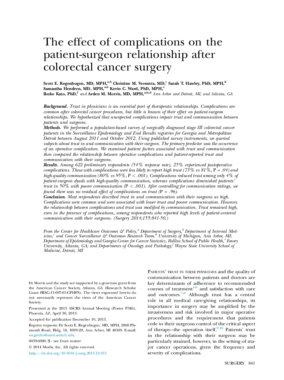 The effect of complications on the patient-surgeon relationship after colorectal cancer surgery 