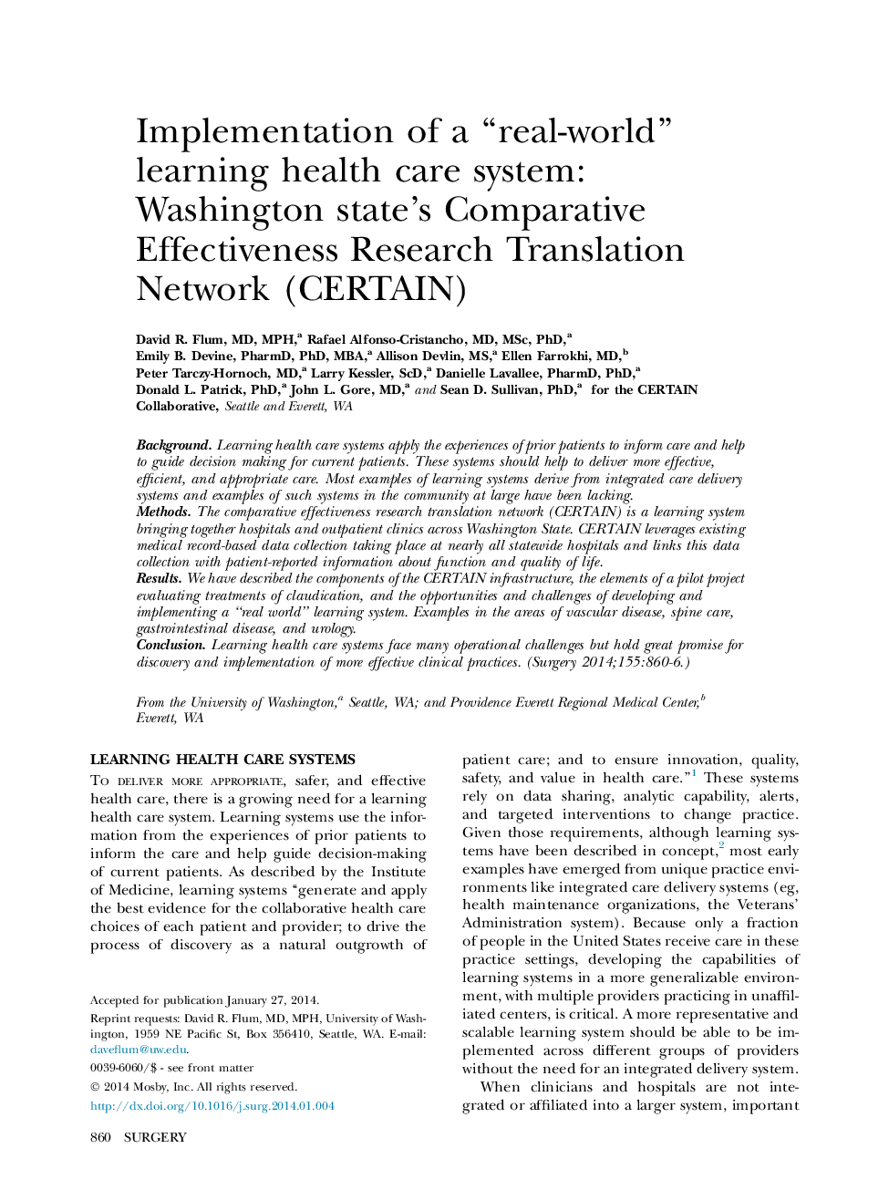 Implementation of a “real-world” learning health care system: Washington state's Comparative Effectiveness Research Translation Network (CERTAIN)