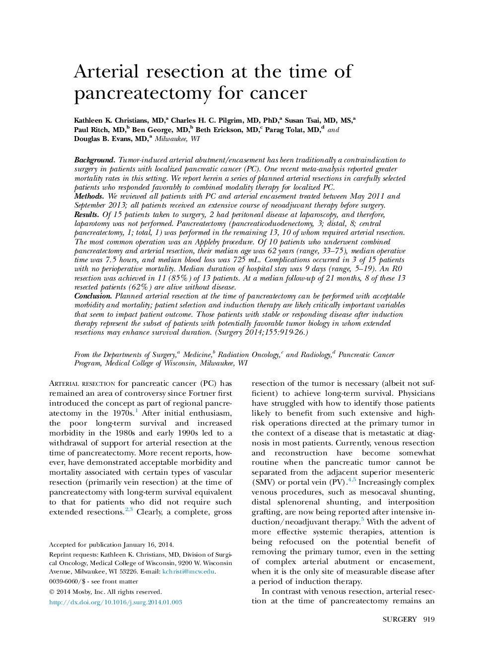 Arterial resection at the time of pancreatectomy for cancer