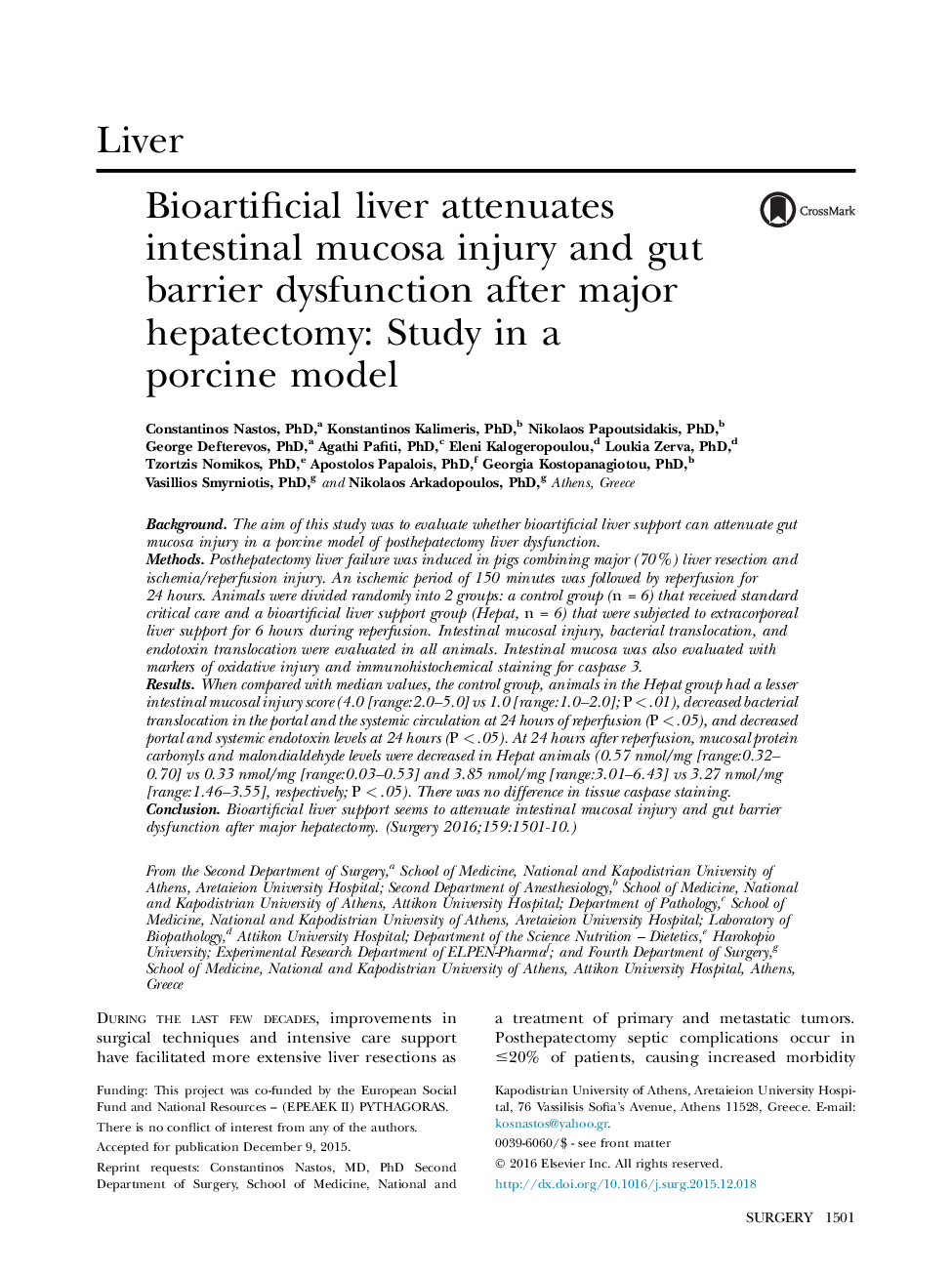 Bioartificial liver attenuates intestinal mucosa injury and gut barrier dysfunction after major hepatectomy: Study in a porcine model 