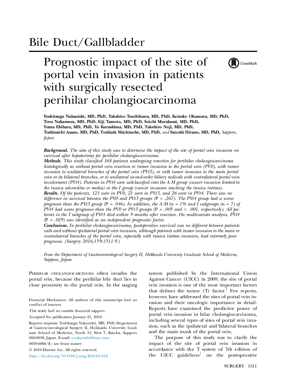 Prognostic impact of the site of portal vein invasion in patients with surgically resected perihilar cholangiocarcinoma 