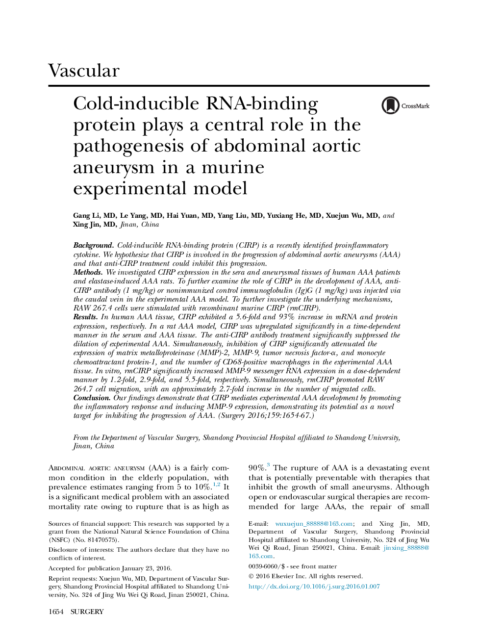 Cold-inducible RNA-binding protein plays a central role in the pathogenesis of abdominal aortic aneurysm in a murine experimental model 