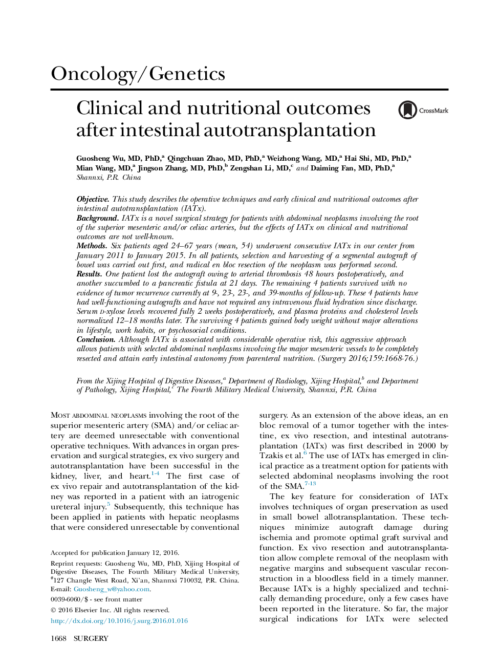 Clinical and nutritional outcomes after intestinal autotransplantation