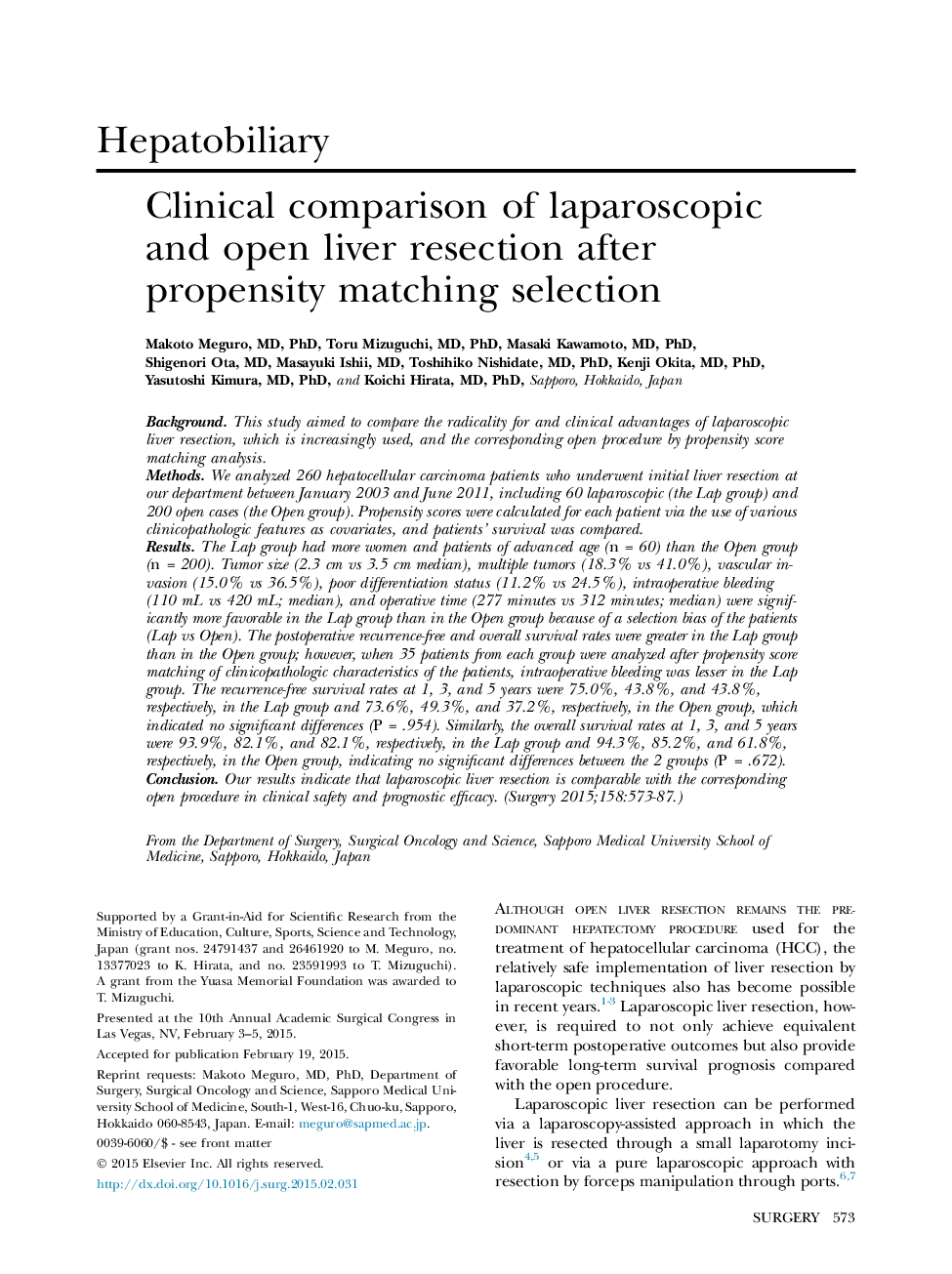 Clinical comparison of laparoscopic and open liver resection after propensity matching selection 