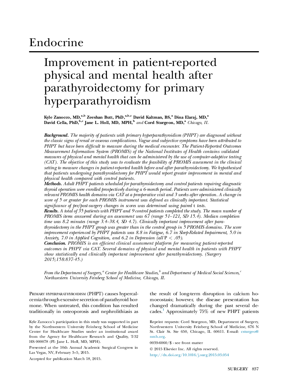 Improvement in patient-reported physical and mental health after parathyroidectomy for primary hyperparathyroidism 