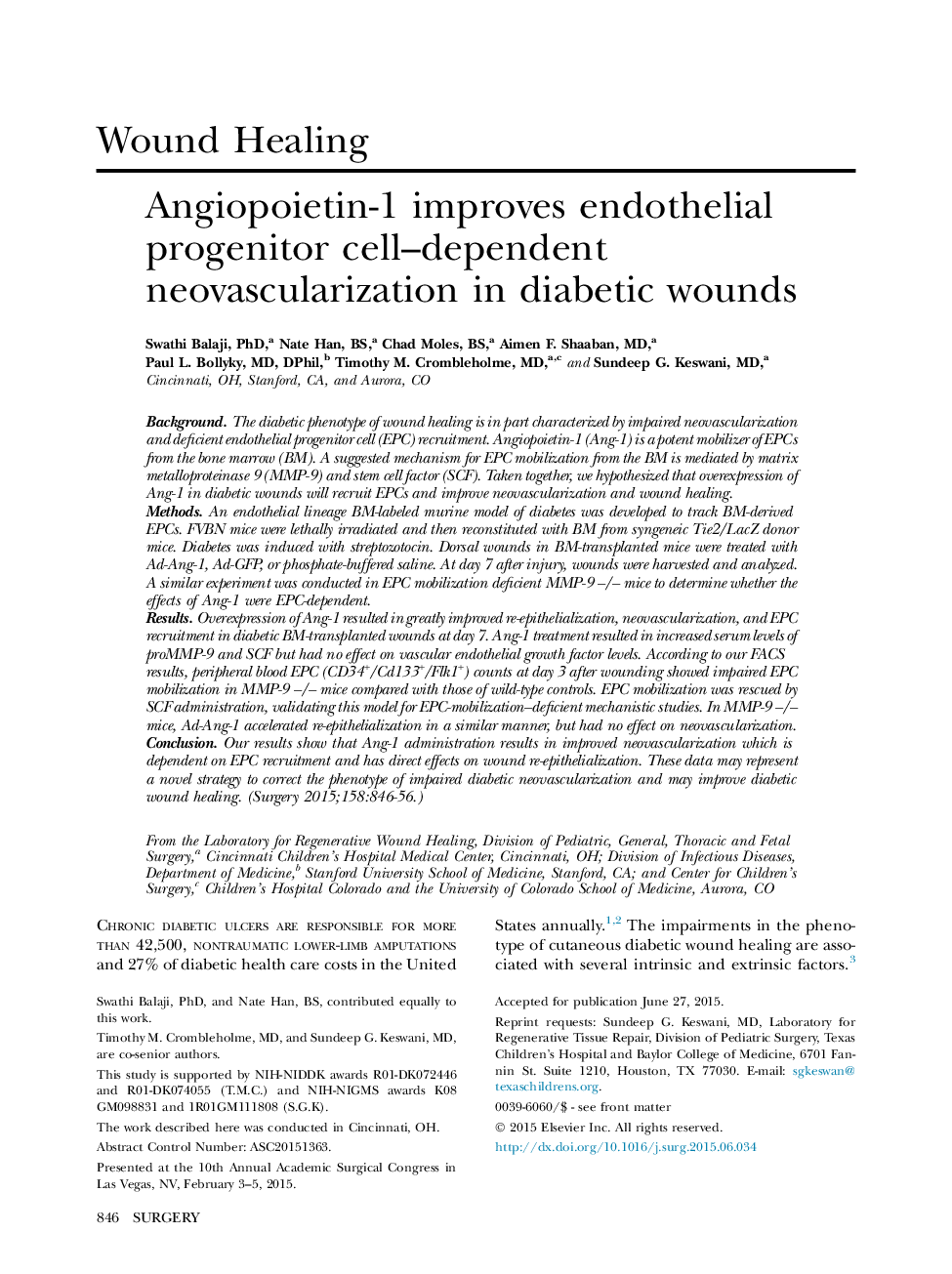 Angiopoietin-1 improves endothelial progenitor cell–dependent neovascularization in diabetic wounds 