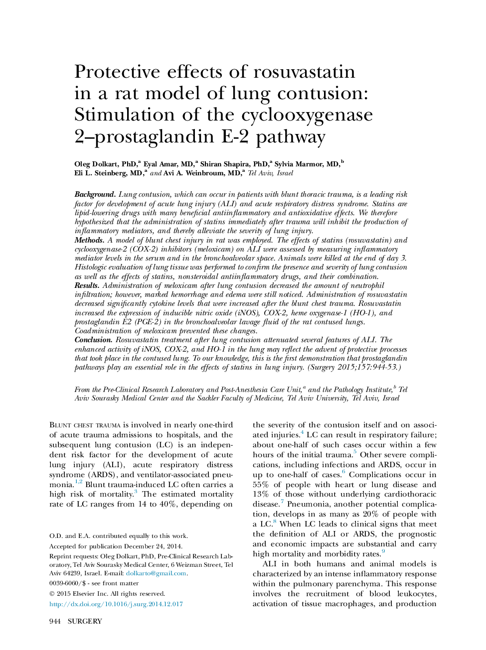 Protective effects of rosuvastatin in a rat model of lung contusion: Stimulation of the cyclooxygenase 2–prostaglandin E-2 pathway 