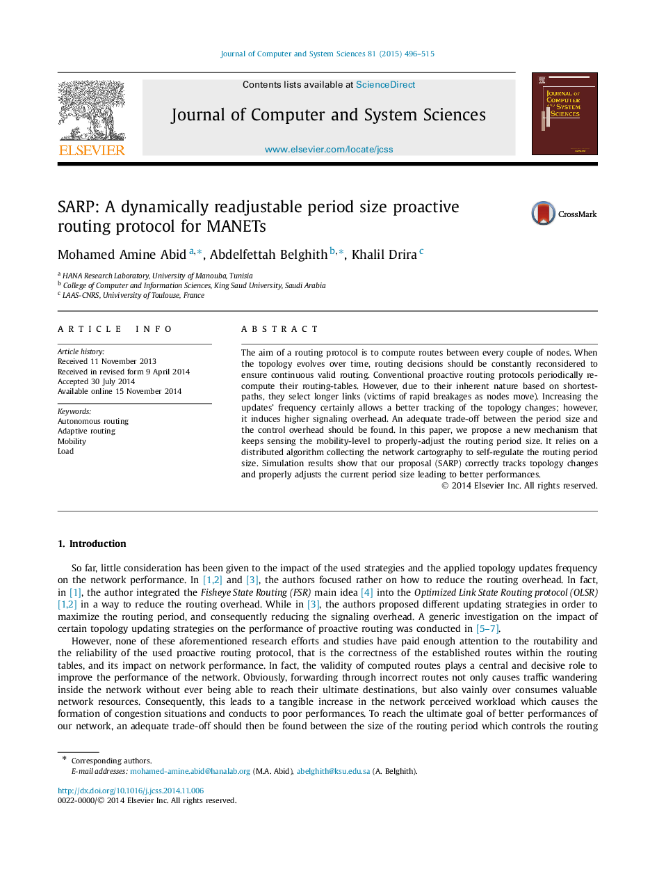 SARP: A dynamically readjustable period size proactive routing protocol for MANETs