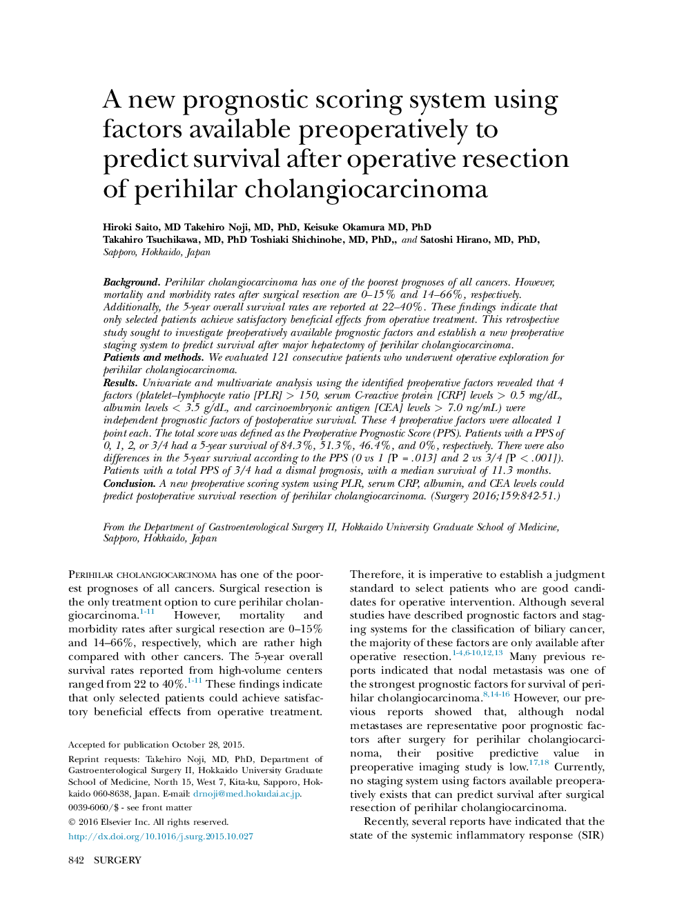 A new prognostic scoring system using factors available preoperatively to predict survival after operative resection of perihilar cholangiocarcinoma