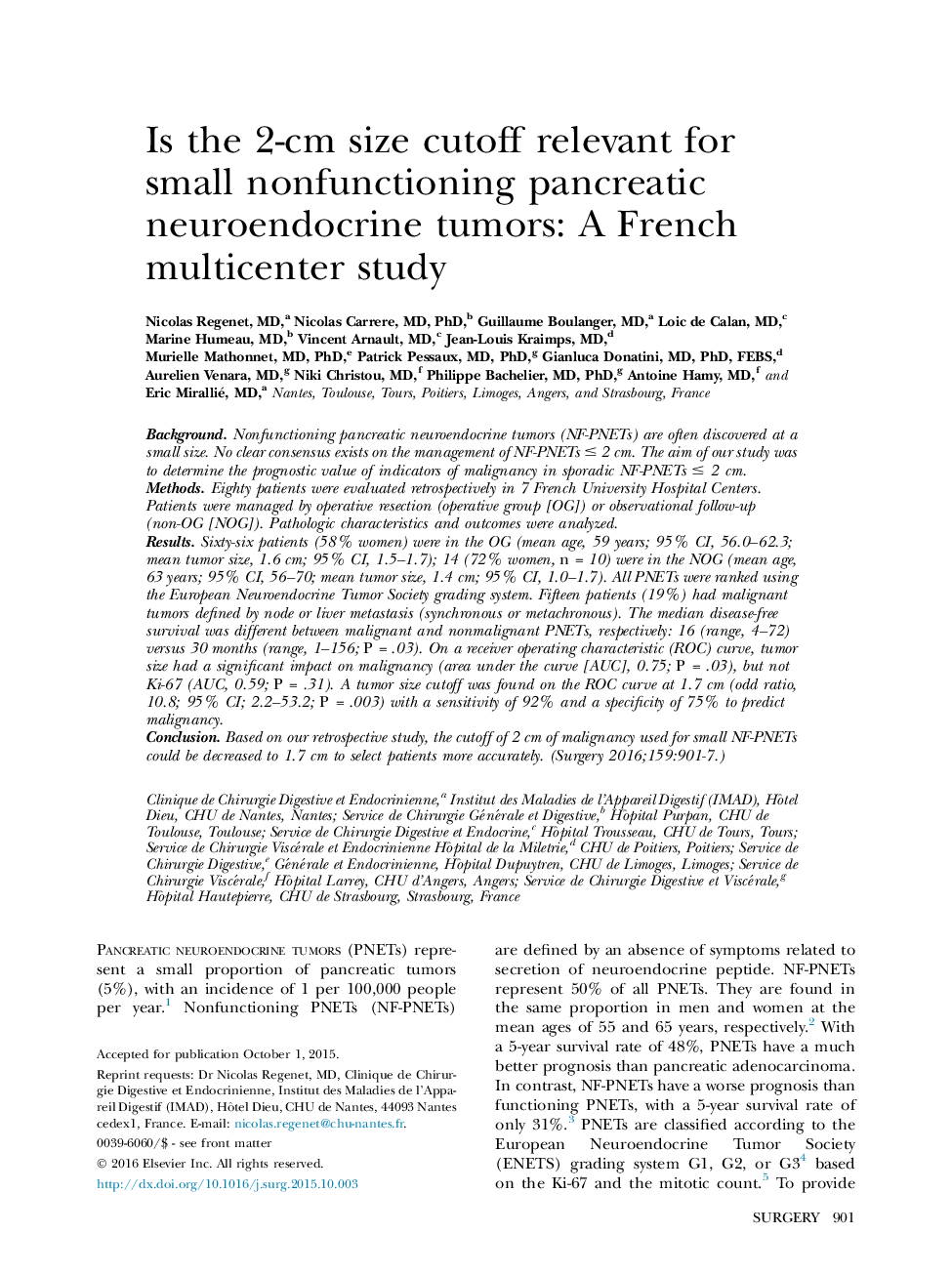 Is the 2-cm size cutoff relevant for small nonfunctioning pancreatic neuroendocrine tumors: A French multicenter study