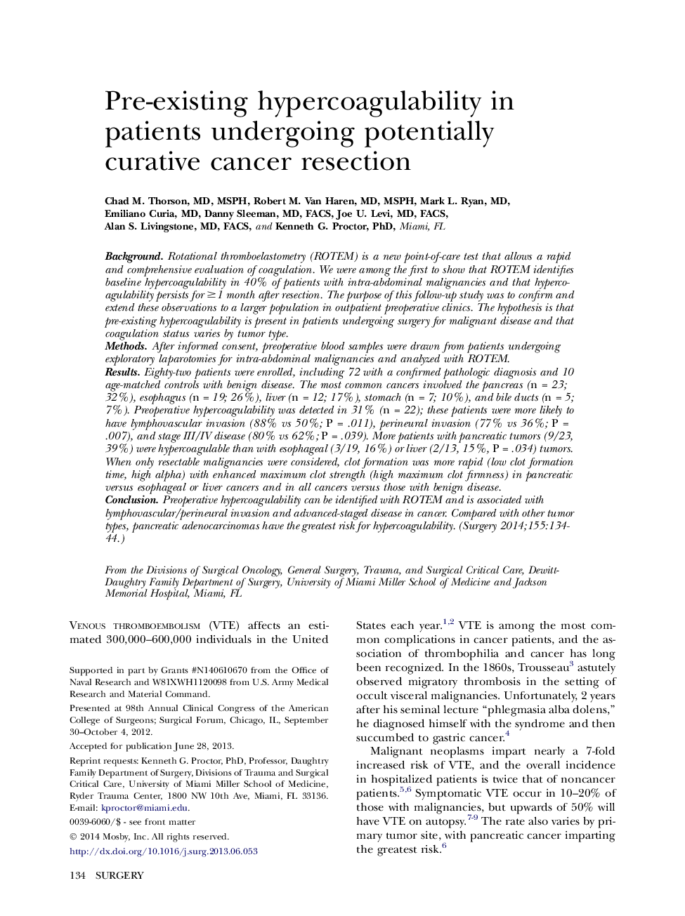 Pre-existing hypercoagulability in patients undergoing potentially curative cancer resection 