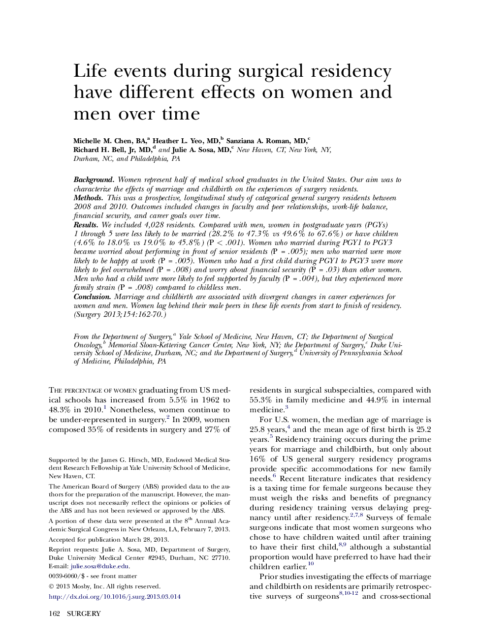 Life events during surgical residency have different effects on women and men over time 