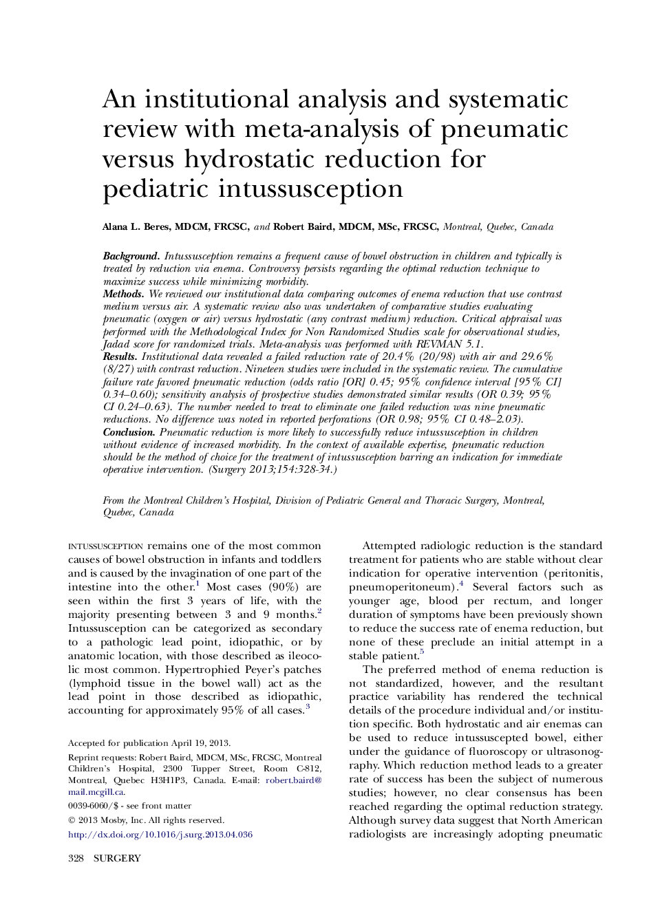 An institutional analysis and systematic review with meta-analysis of pneumatic versus hydrostatic reduction for pediatric intussusception