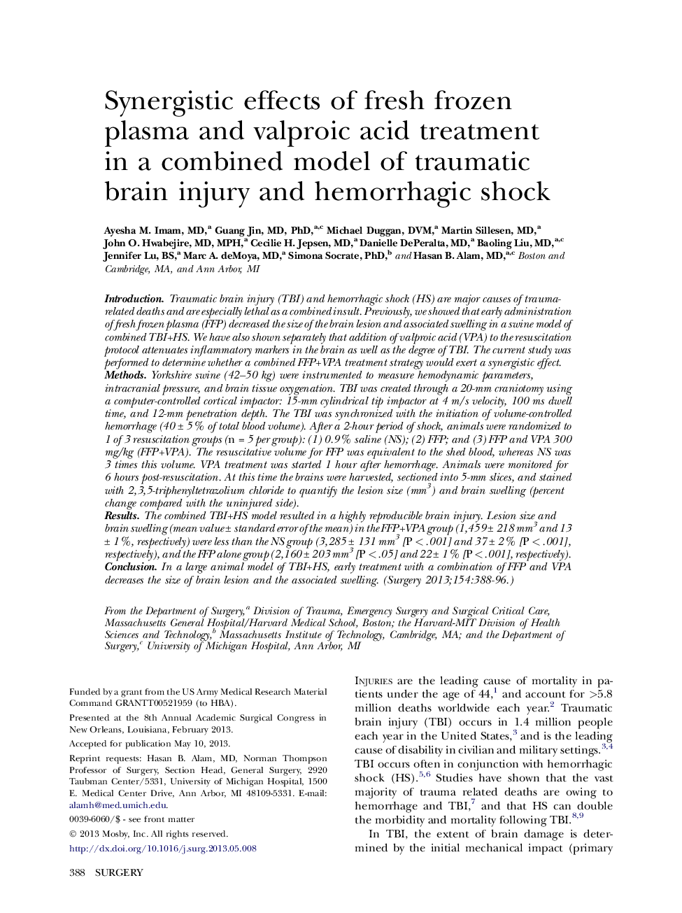 Synergistic effects of fresh frozen plasma and valproic acid treatment in a combined model of traumatic brain injury and hemorrhagic shock 