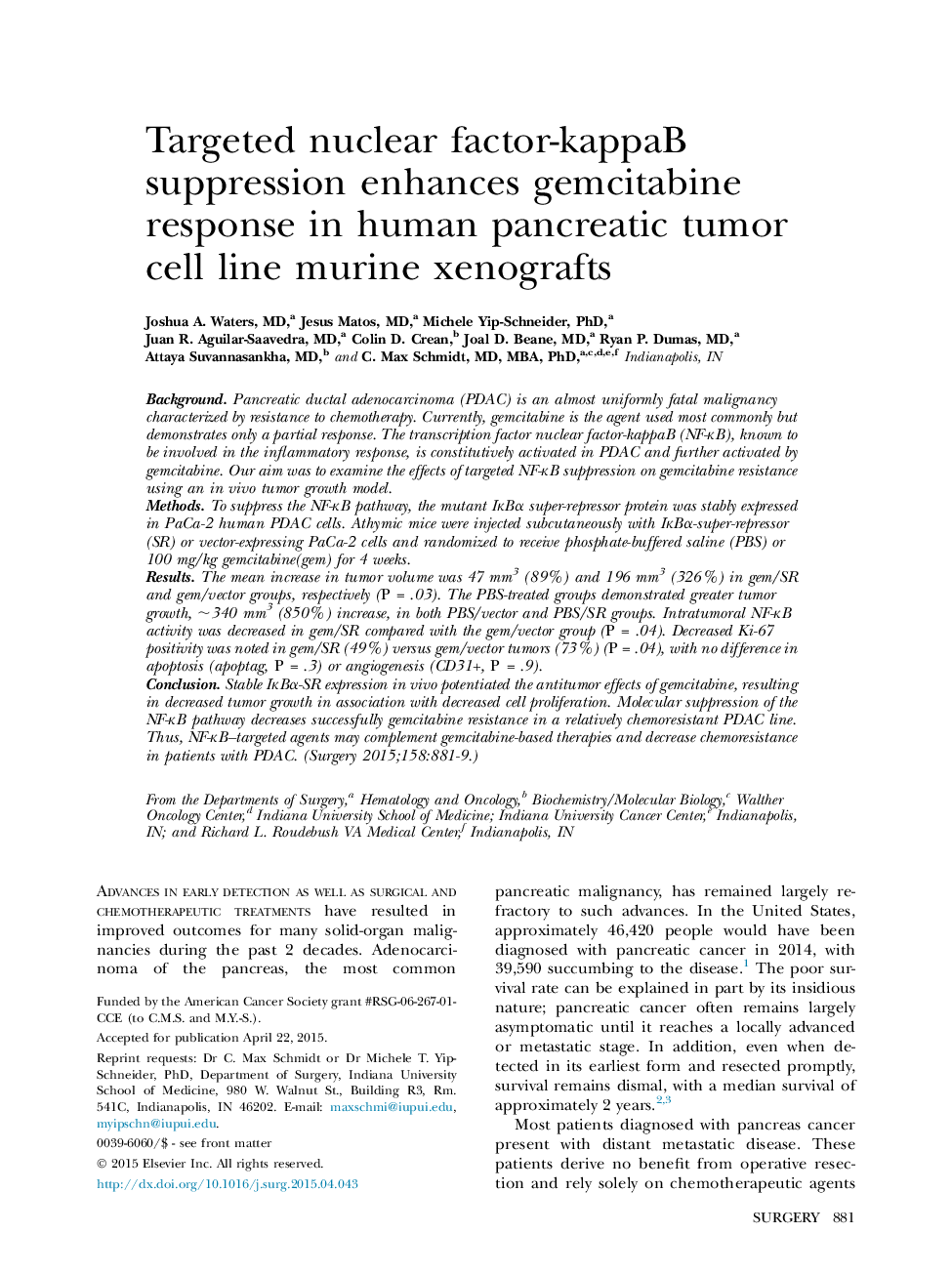 Targeted nuclear factor-kappaB suppression enhances gemcitabine response in human pancreatic tumor cell line murine xenografts 