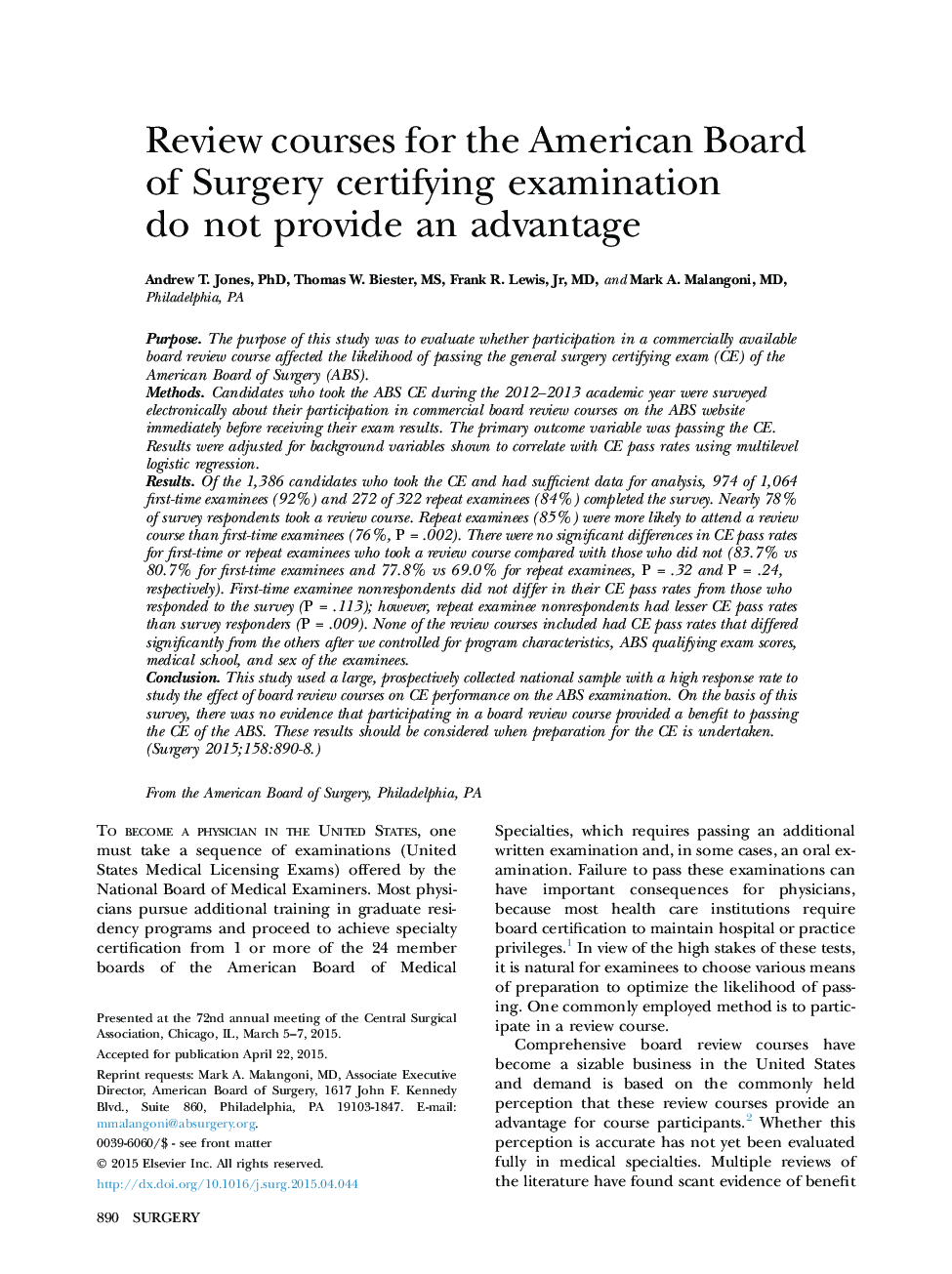 Review courses for the American Board of Surgery certifying examination do not provide an advantage