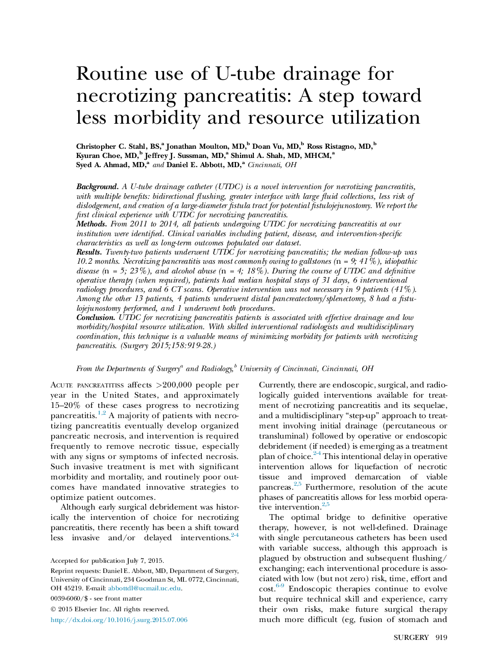 Routine use of U-tube drainage for necrotizing pancreatitis: A step toward less morbidity and resource utilization