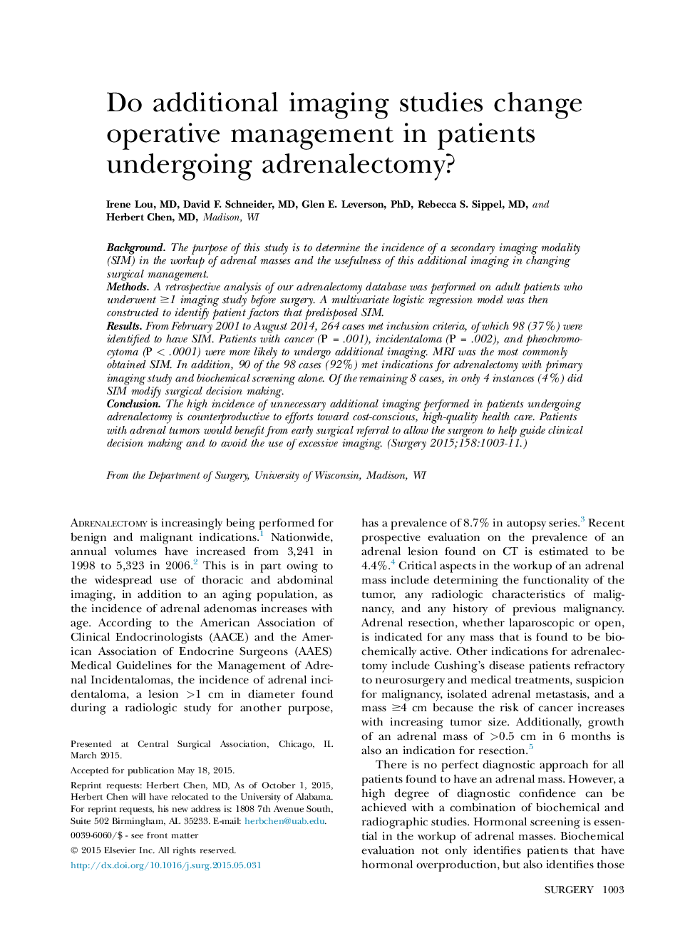 Do additional imaging studies change operative management in patients undergoing adrenalectomy?