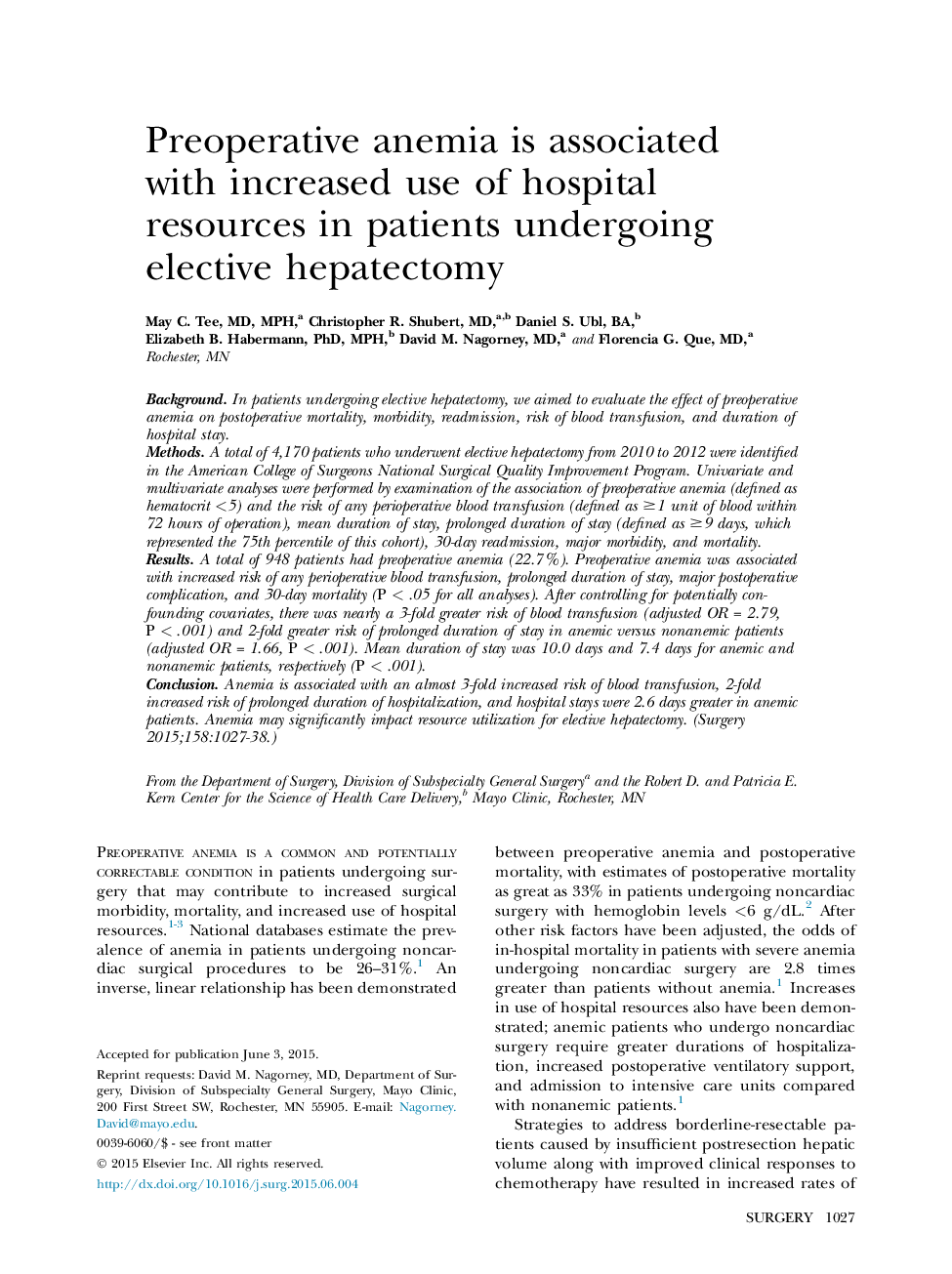 Preoperative anemia is associated with increased use of hospital resources in patients undergoing elective hepatectomy