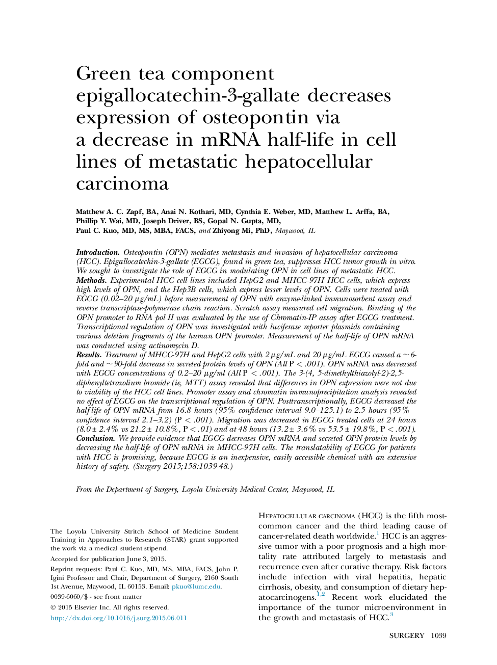 Green tea component epigallocatechin-3-gallate decreases expression of osteopontin via a decrease in mRNA half-life in cell lines of metastatic hepatocellular carcinoma 