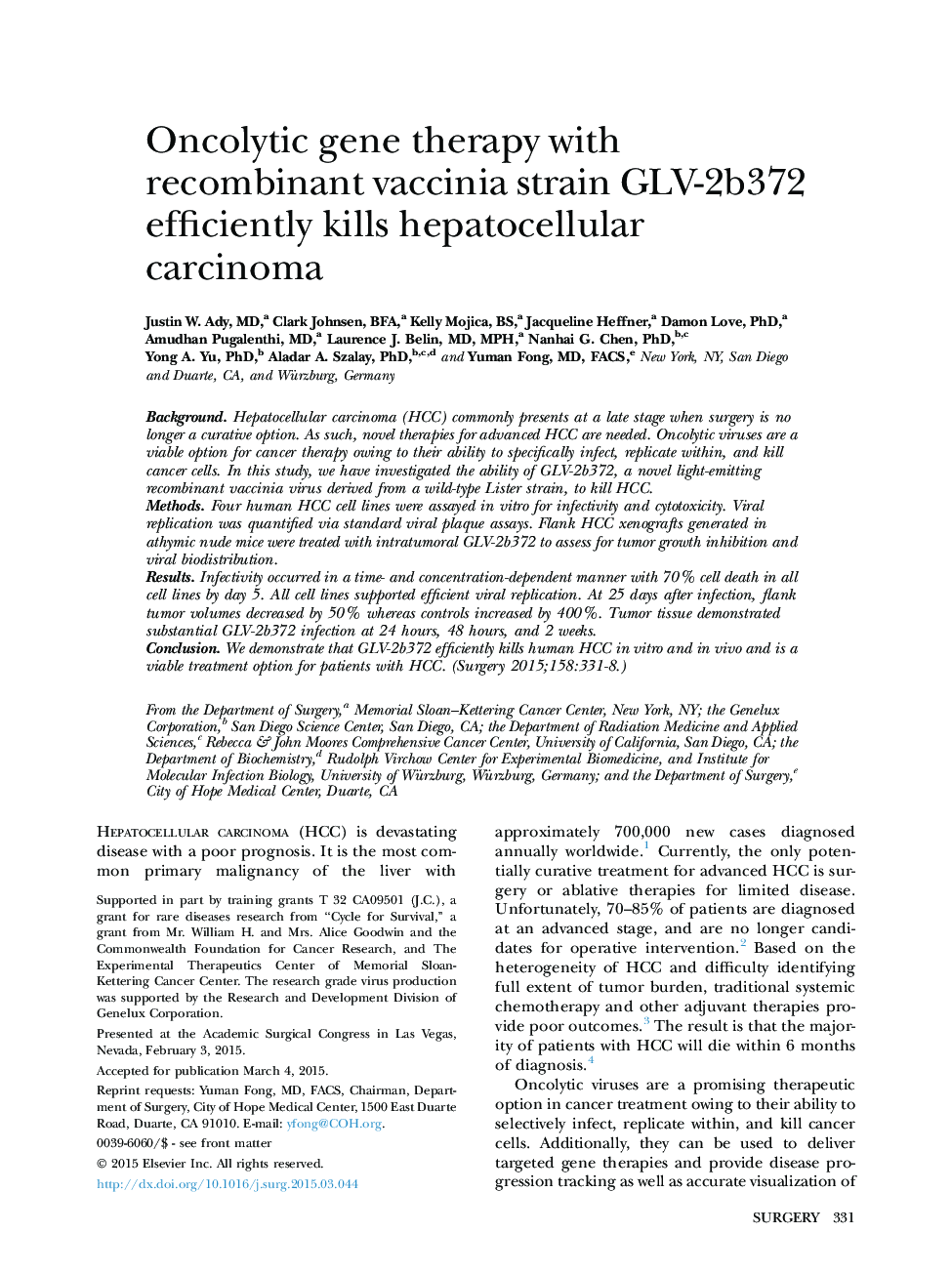 Oncolytic gene therapy with recombinant vaccinia strain GLV-2b372 efficiently kills hepatocellular carcinoma 