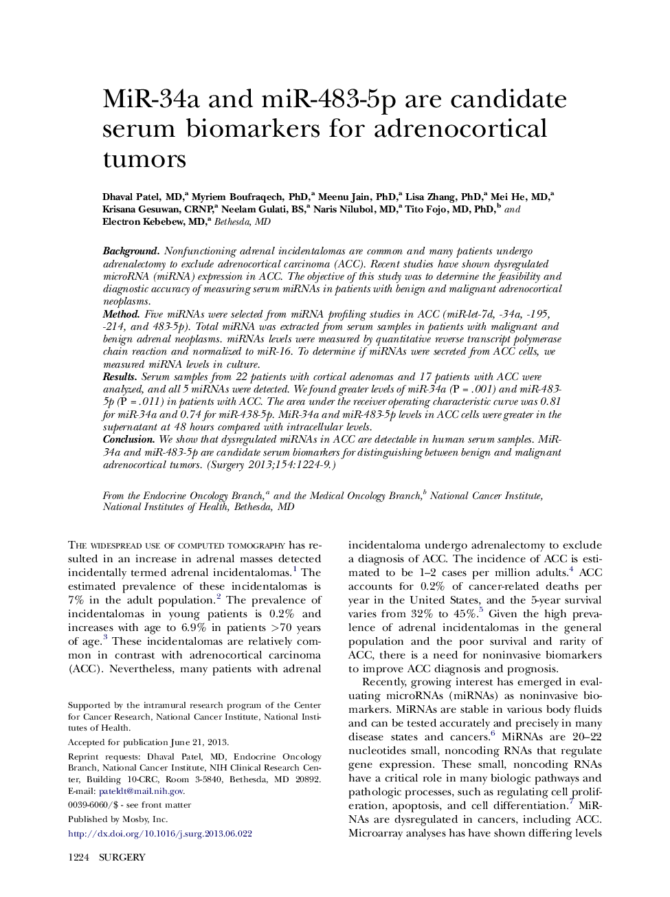 MiR-34a and miR-483-5p are candidate serum biomarkers for adrenocortical tumors 