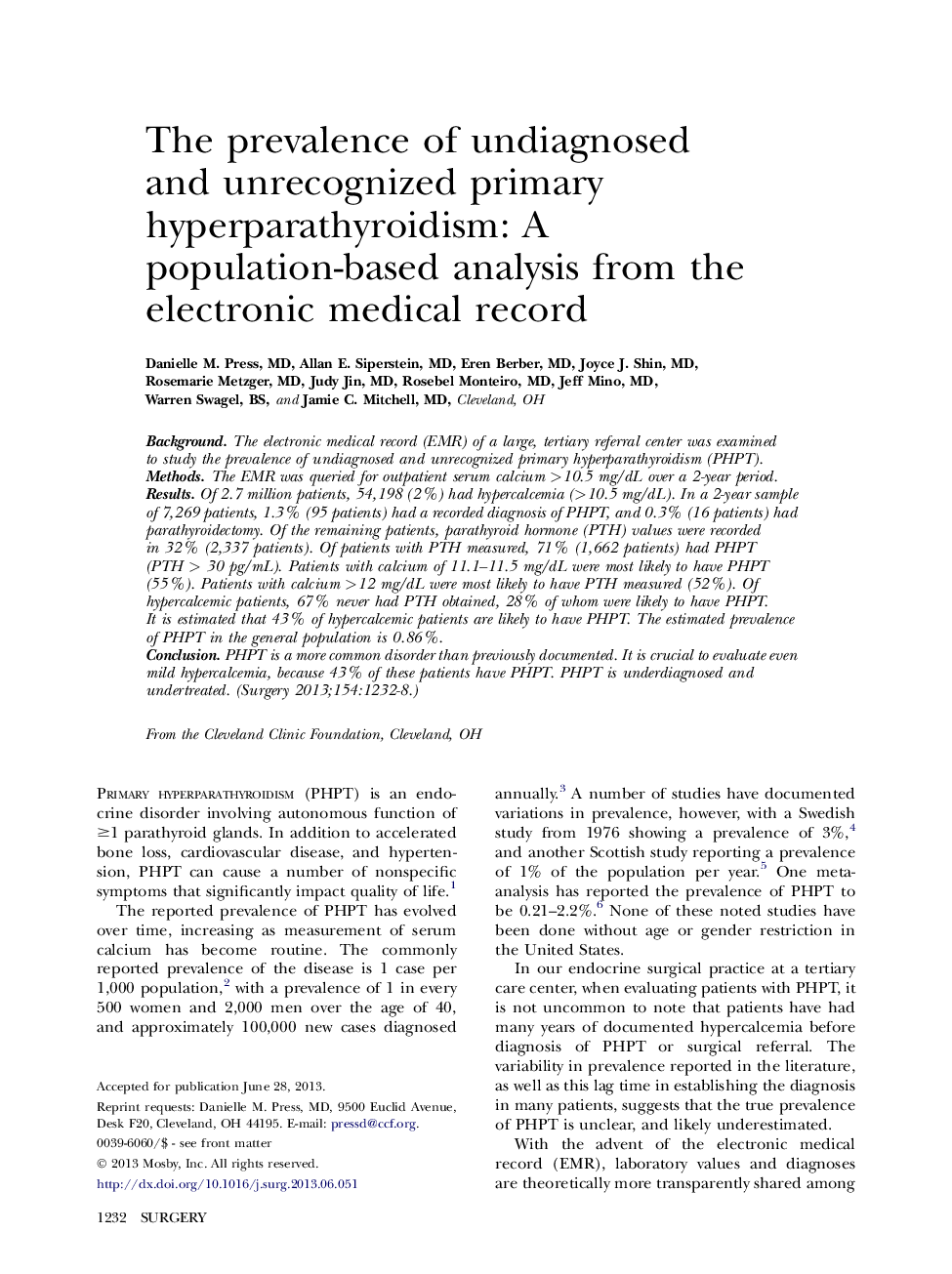 The prevalence of undiagnosed and unrecognized primary hyperparathyroidism: A population-based analysis from the electronic medical record