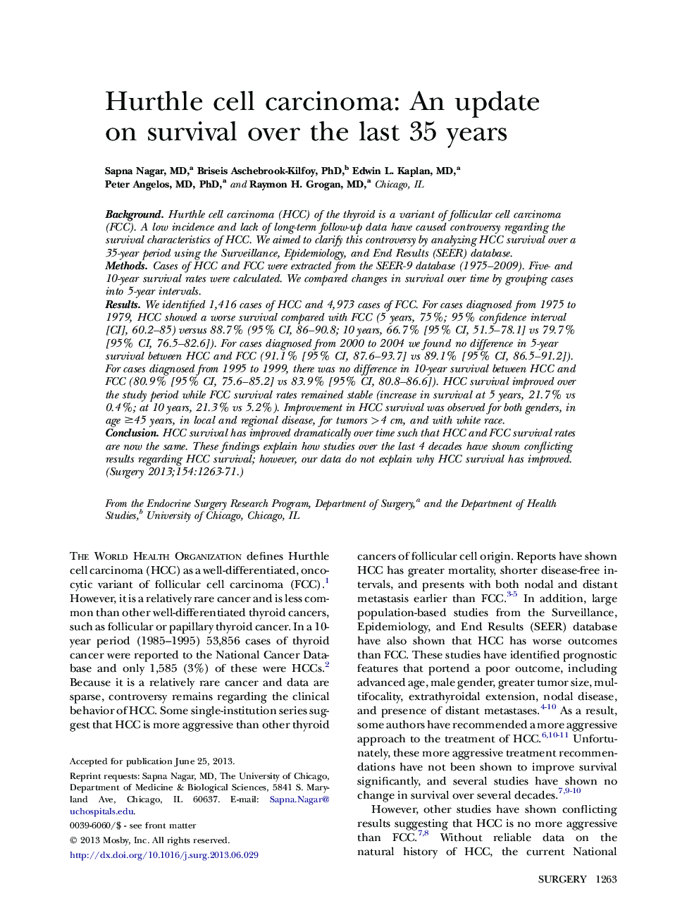 Hurthle cell carcinoma: An update on survival over the last 35 years