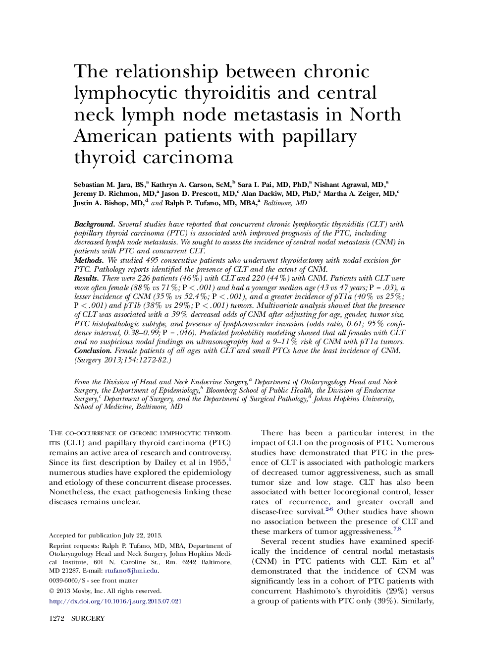 The relationship between chronic lymphocytic thyroiditis and central neck lymph node metastasis in North American patients with papillary thyroid carcinoma