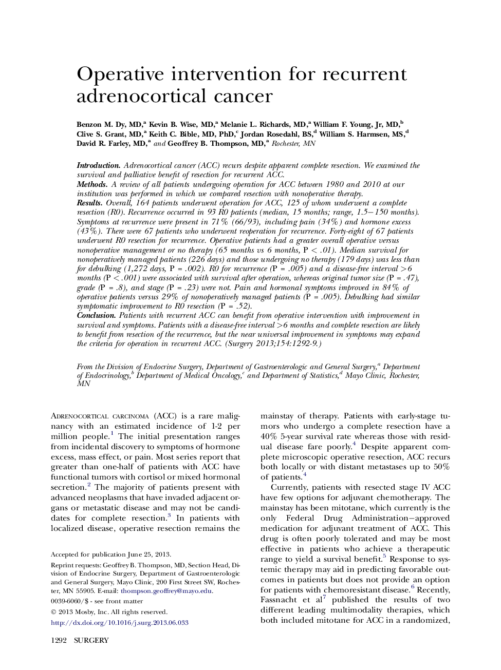 Operative intervention for recurrent adrenocortical cancer