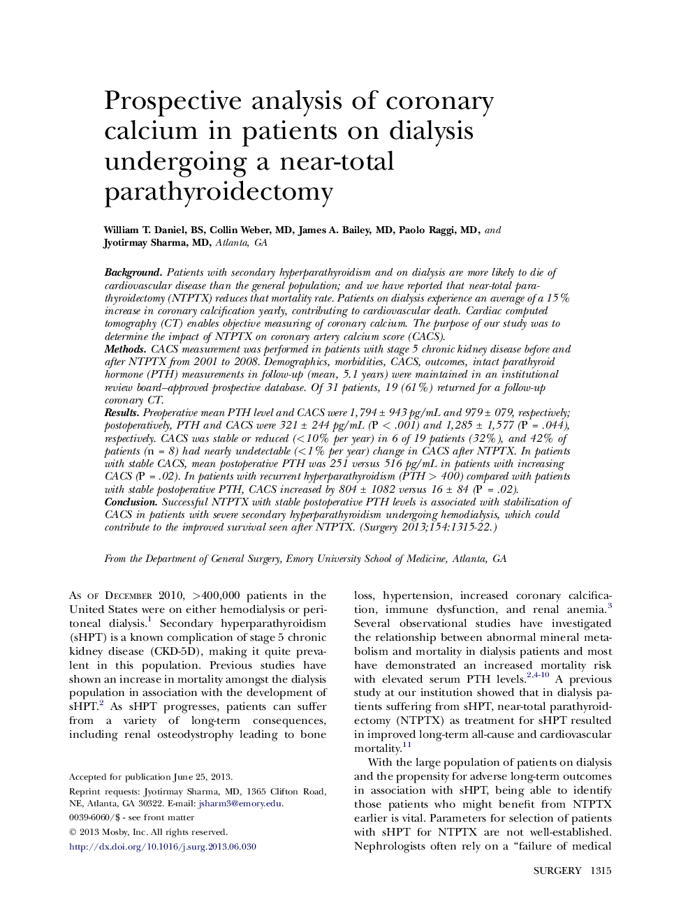 Prospective analysis of coronary calcium in patients on dialysis undergoing a near-total parathyroidectomy