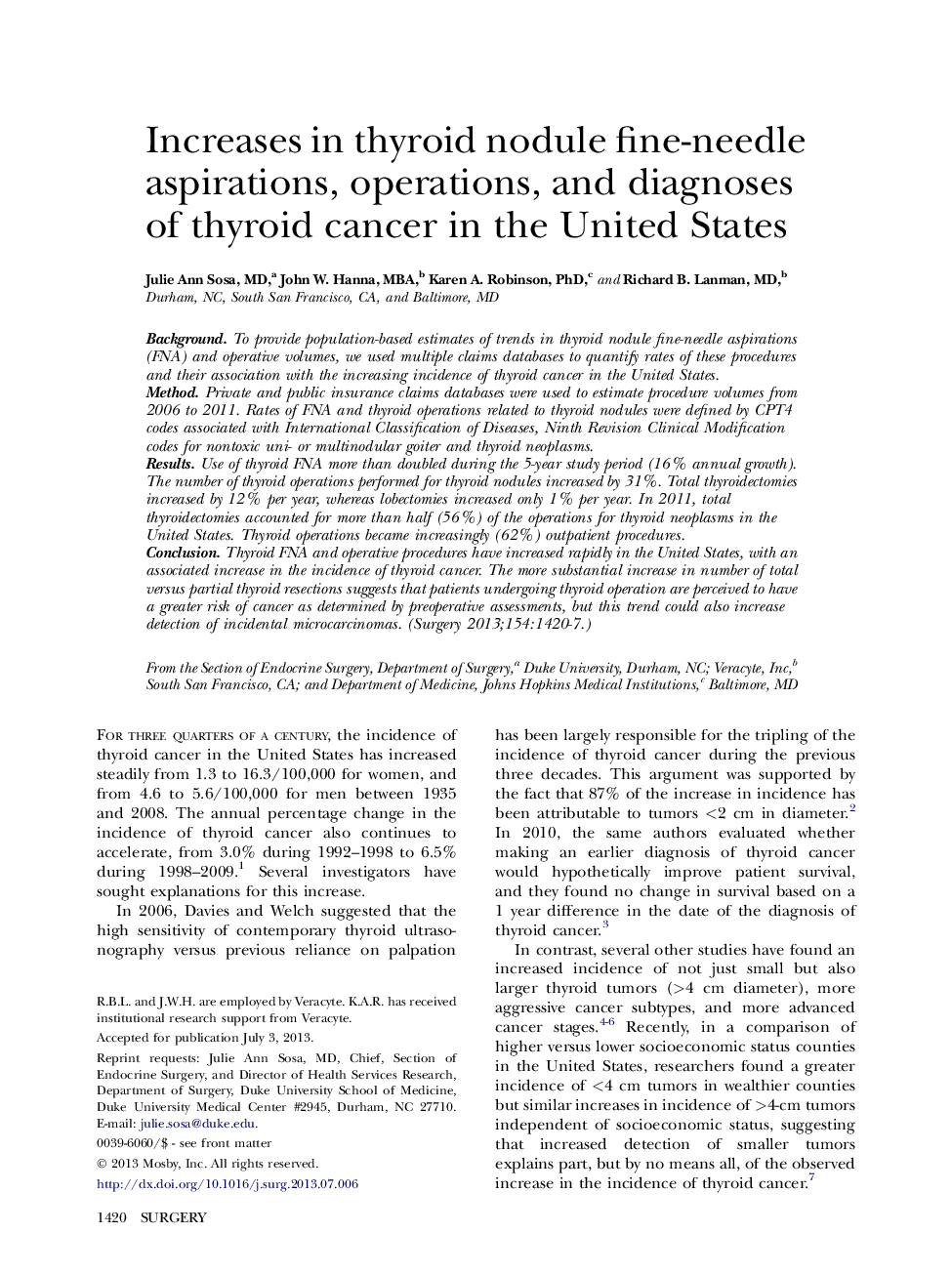 Increases in thyroid nodule fine-needle aspirations, operations, and diagnoses of thyroid cancer in the United States 