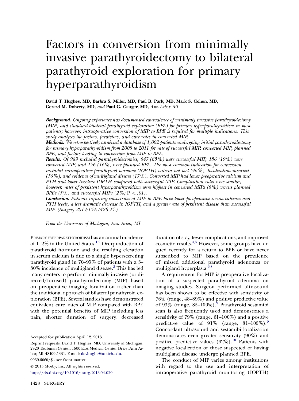 Factors in conversion from minimally invasive parathyroidectomy to bilateral parathyroid exploration for primary hyperparathyroidism