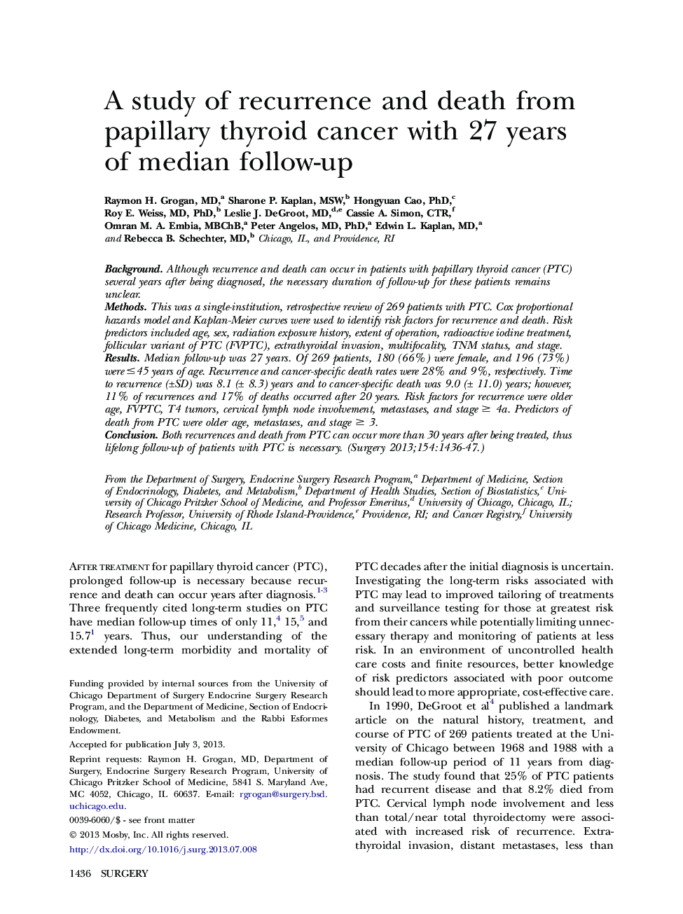 A study of recurrence and death from papillary thyroid cancer with 27 years of median follow-up 