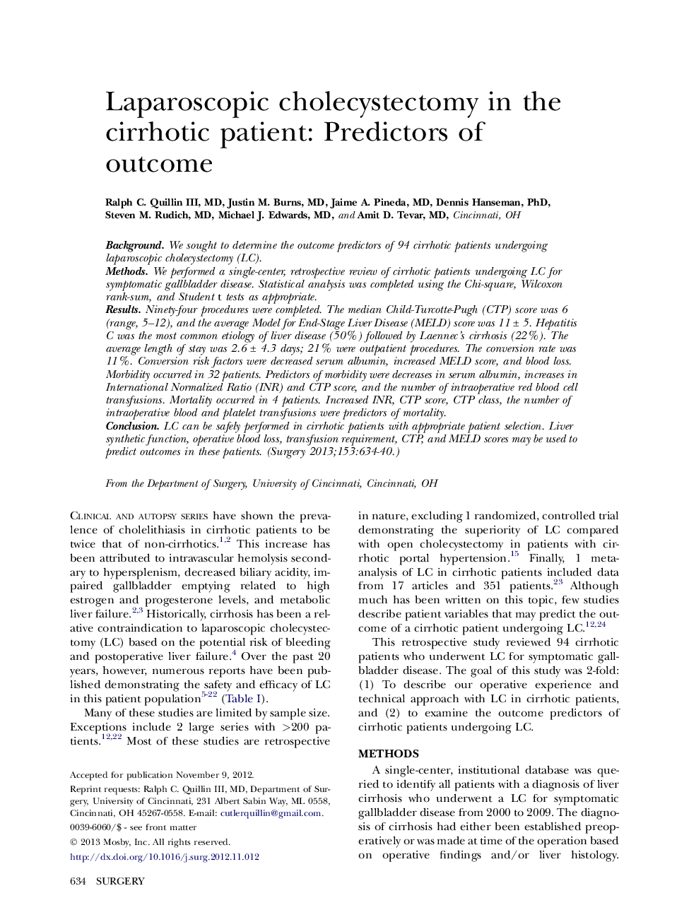 Laparoscopic cholecystectomy in the cirrhotic patient: Predictors of outcome