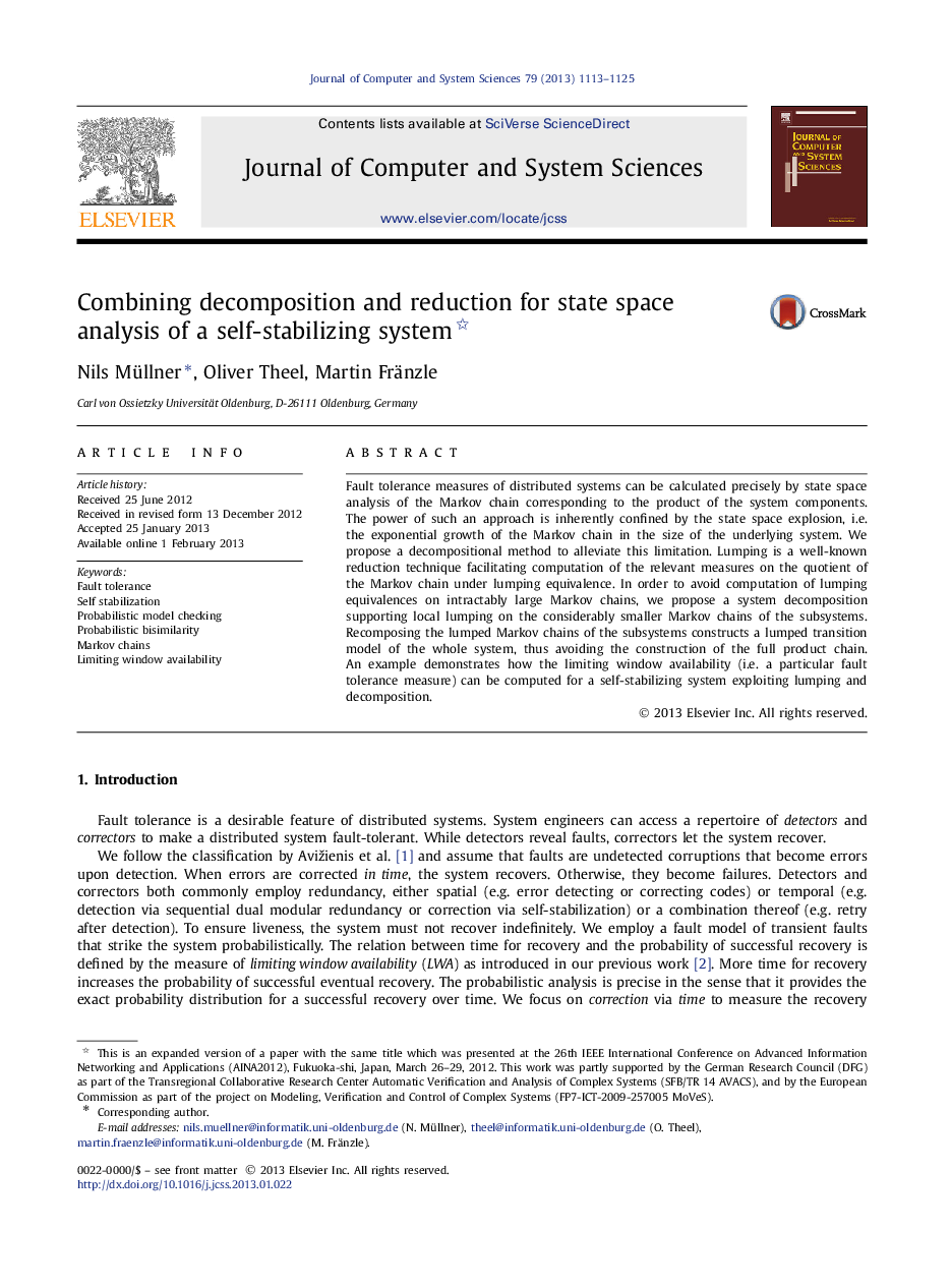 Combining decomposition and reduction for state space analysis of a self-stabilizing system 