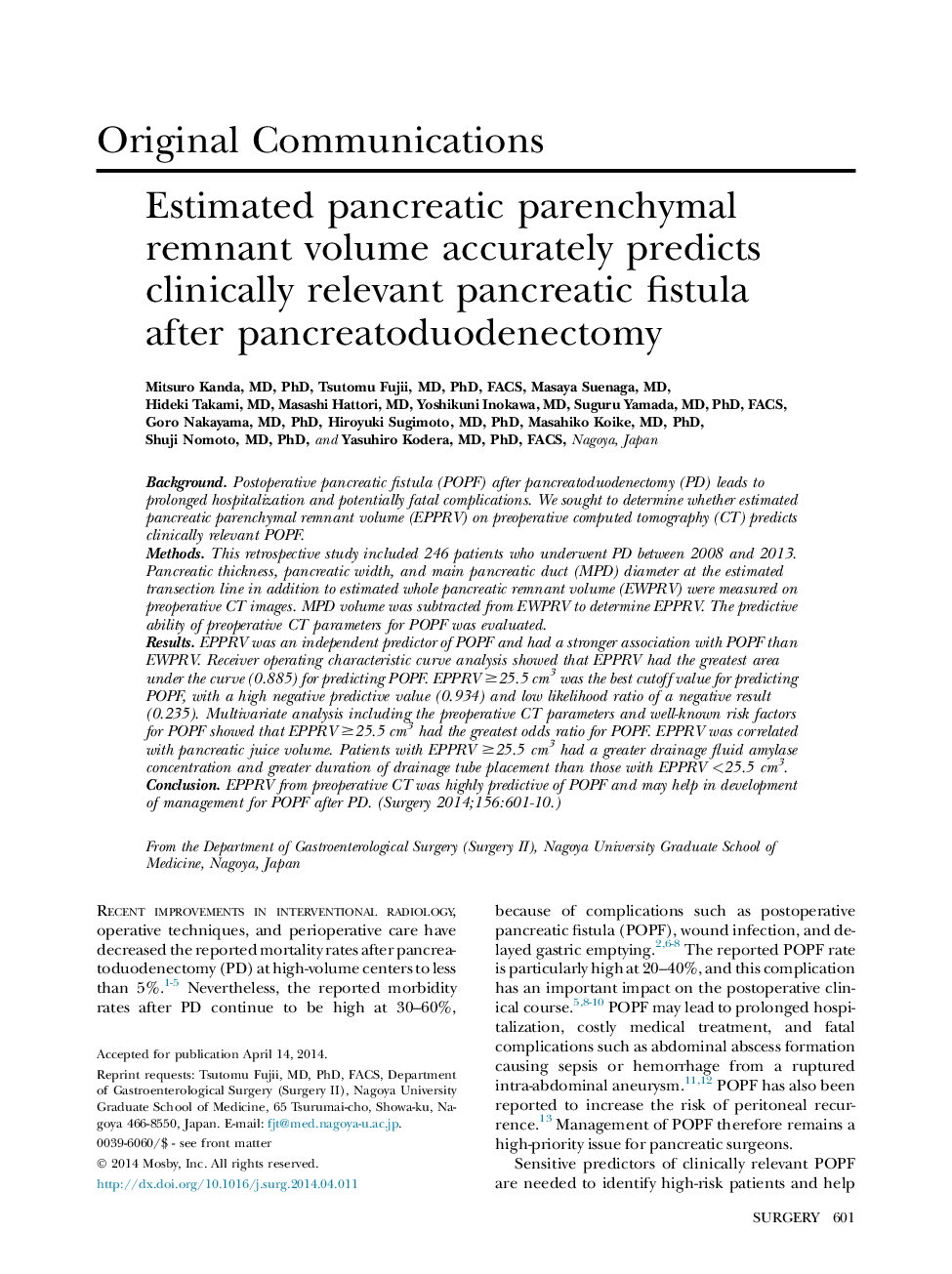 Estimated pancreatic parenchymal remnant volume accurately predicts clinically relevant pancreatic fistula after pancreatoduodenectomy