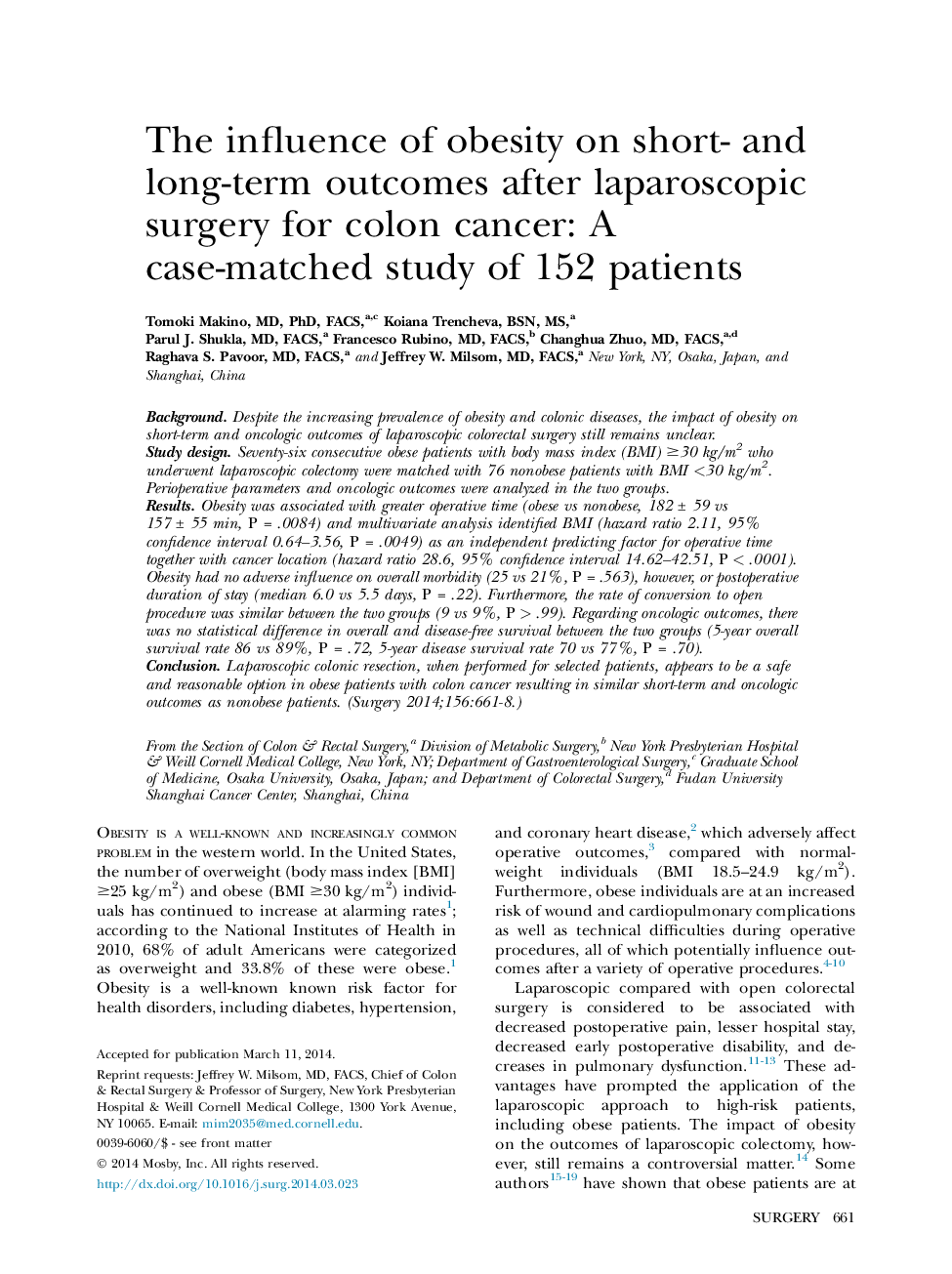 The influence of obesity on short- and long-term outcomes after laparoscopic surgery for colon cancer: A case-matched study of 152 patients