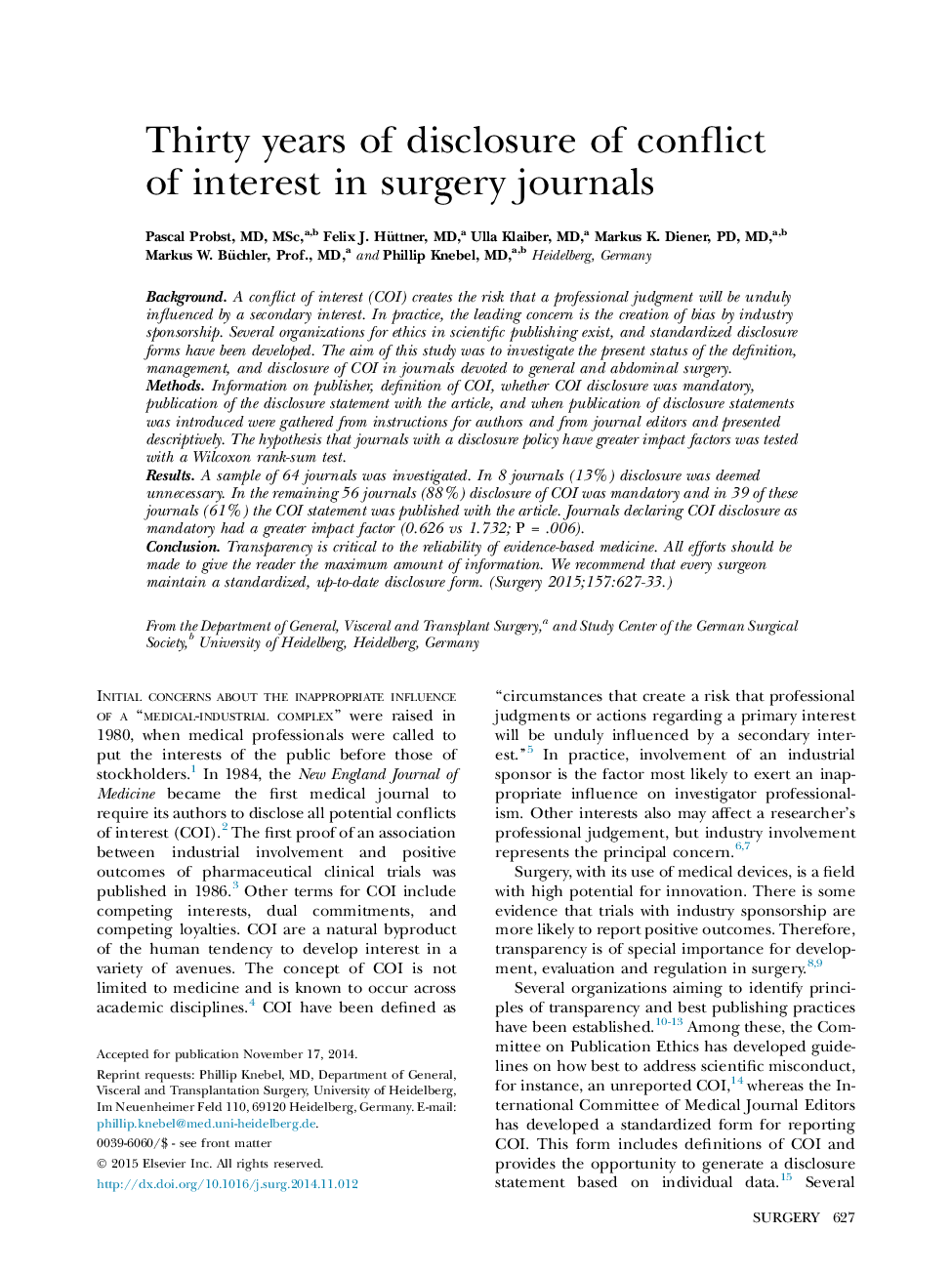 Thirty years of disclosure of conflict of interest in surgery journals