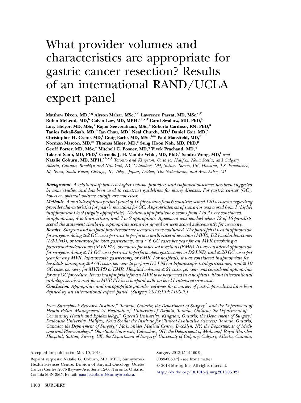 What provider volumes and characteristics are appropriate for gastric cancer resection? Results of an international RAND/UCLA expert panel