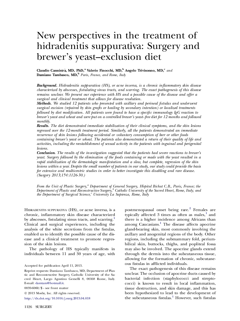 New perspectives in the treatment of hidradenitis suppurativa: Surgery and brewer's yeast–exclusion diet