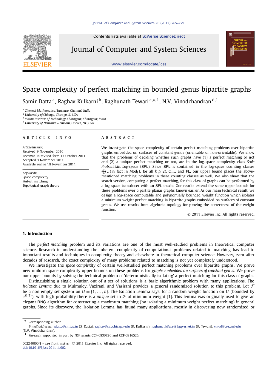 Space complexity of perfect matching in bounded genus bipartite graphs