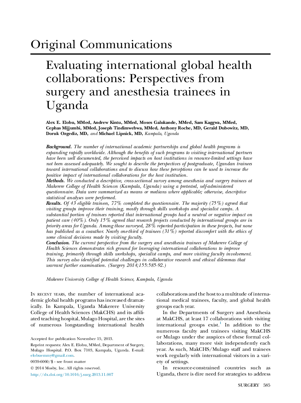 Evaluating international global health collaborations: Perspectives from surgery and anesthesia trainees in Uganda