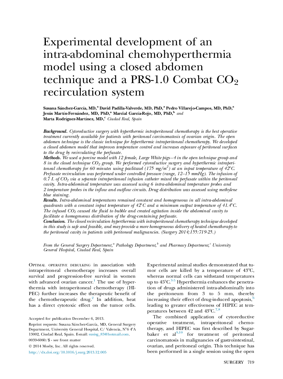 Experimental development of an intra-abdominal chemohyperthermia model using a closed abdomen technique and a PRS-1.0 Combat CO2 recirculation system
