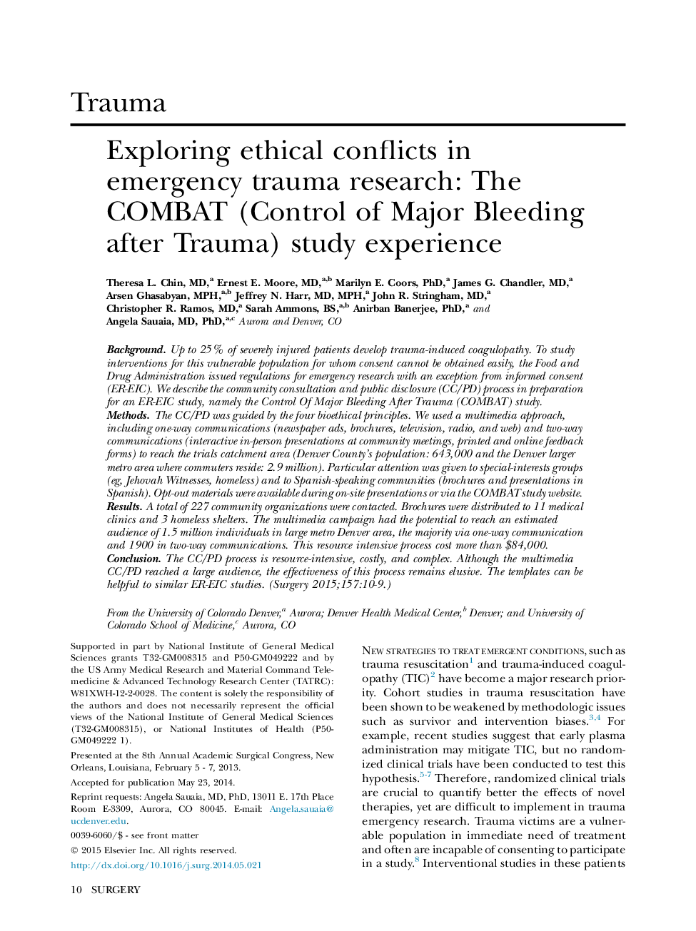 Exploring ethical conflicts in emergency trauma research: The COMBAT (Control of Major Bleeding after Trauma) study experience 